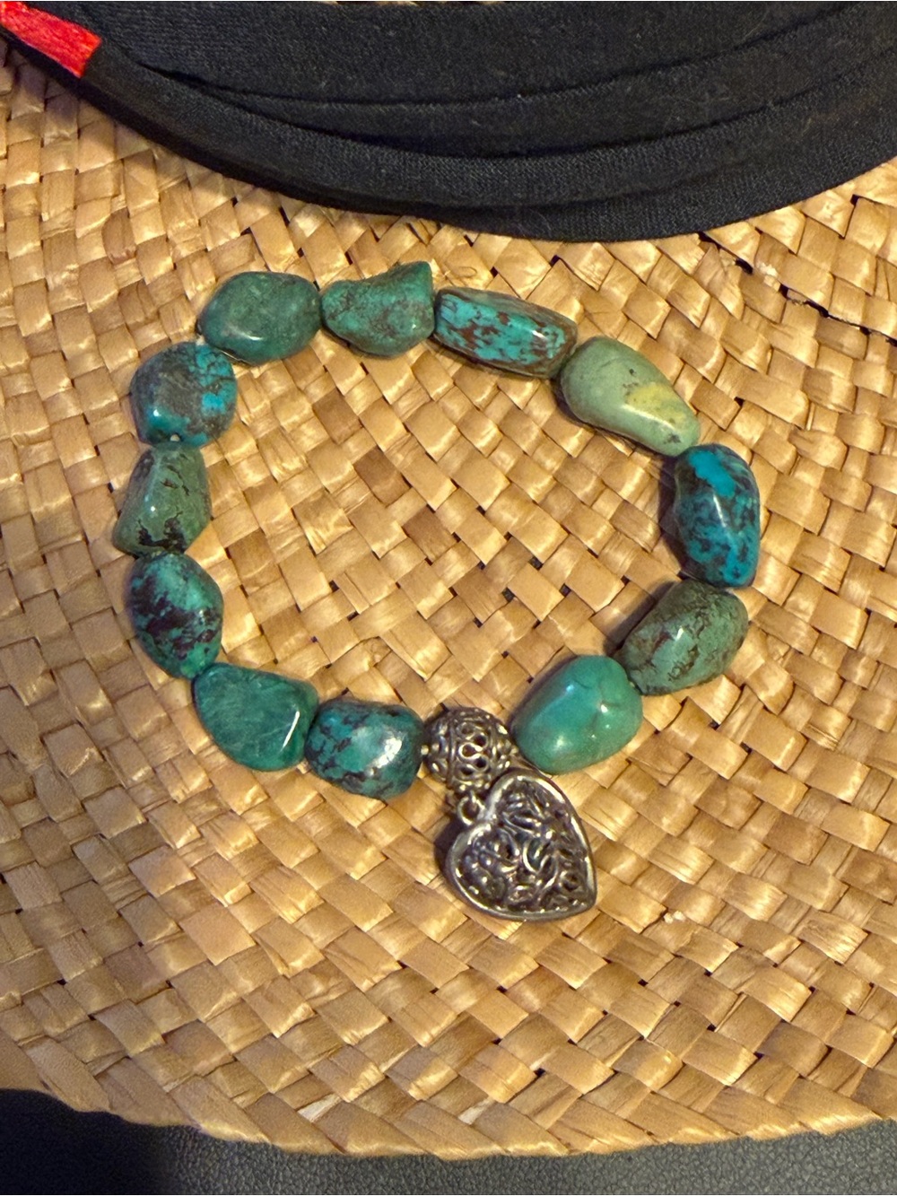 Turquoise Stone Stretch Bracelet with Silver Heart Charm